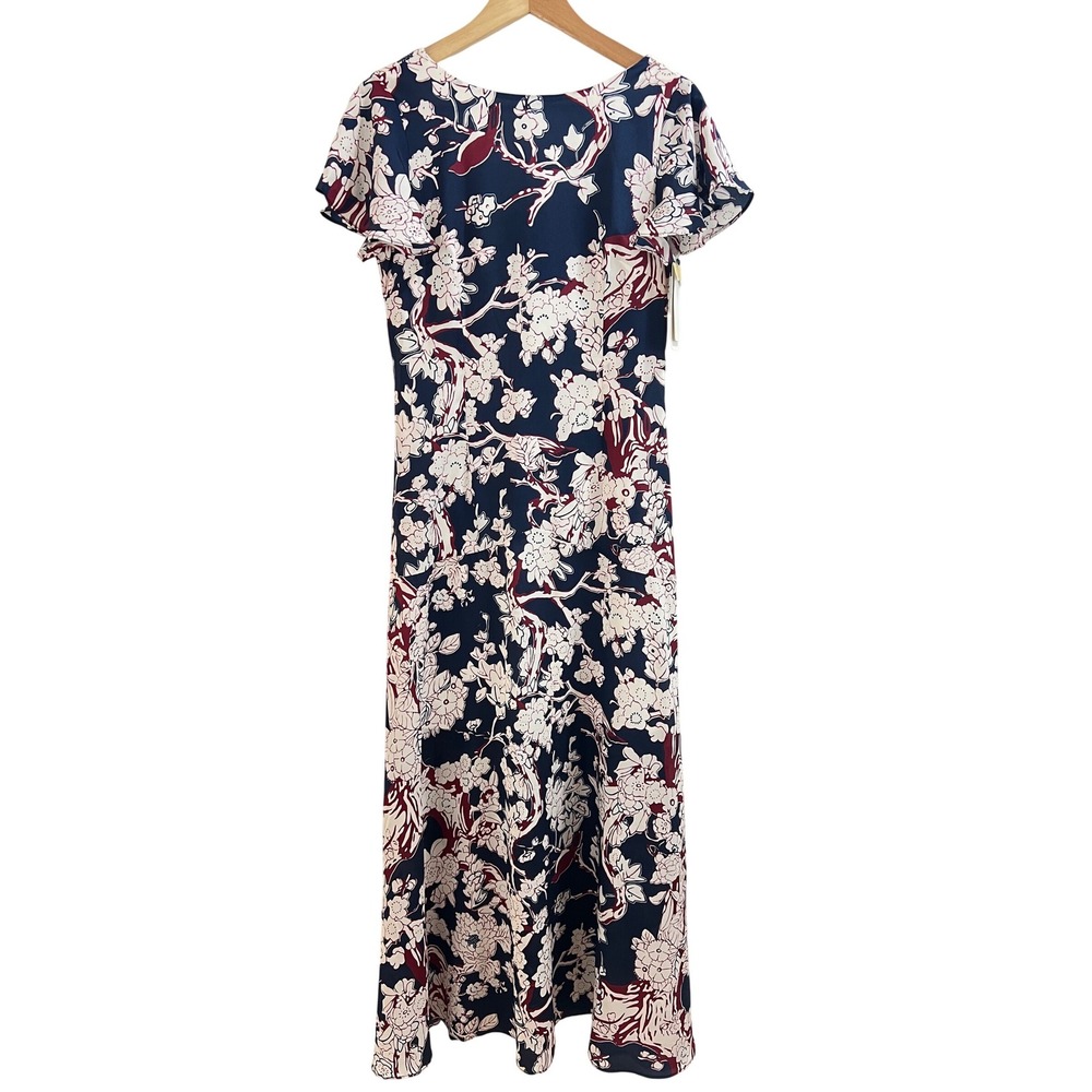 Aryeh Floral Maxi Dress Womens Small Blue Red White Short Flutter Sleeve V Back